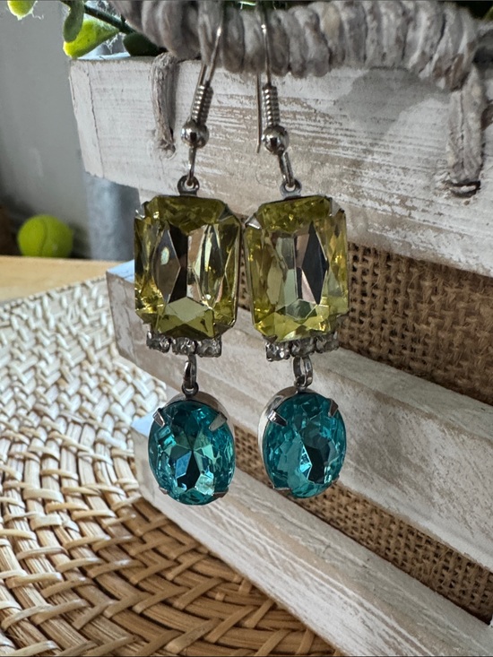 Jewelry - Yellow and Teal Crystal Drop Earrings -Costume jewelry
